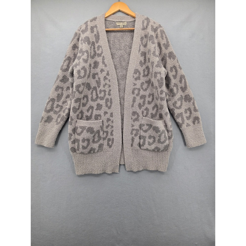 Barefoot Dreams CozyChic Leopard Cardigan Gray Animal Print Soft Knit Sweater L